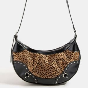 Fame Dark Spotted Leopard Print and Black Women's Shoulder Bag